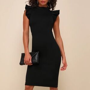 Lulus Black Backless Ruffle Bodycon Midi Dress